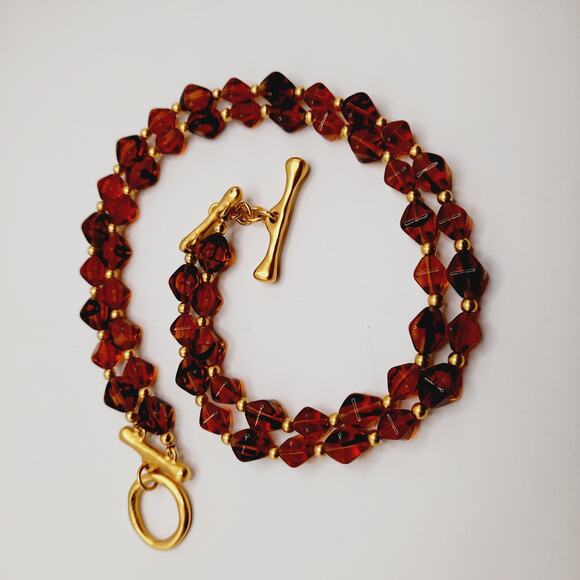 Vintage Topaz Glass Bead Two Strand Necklace Gold Tone Toggle Clasp 16” - Picture 9 of 14